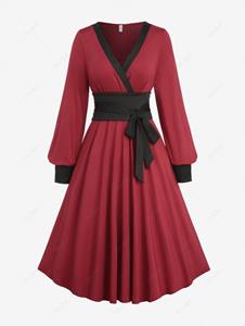 Rosegal Plus Size Surplice Ruffles Bishop Sleeve A Line Chinese Style Dress with Bowknot Tie Belt