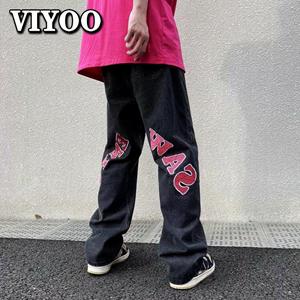 VIYOO Mannen Vibe Letter Gedrukt Recht Hip Hop Y2K kleding Luxe Baggy Jeans Denim Broek Broek Voor Tieners Harajuku Koreaanse Stijl