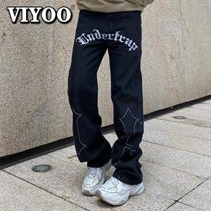 VIYOO Heren Harajuku Retro Brief Borduurpatroon Baggy Gothic Y2K Gescheurde Jeans Voor Mannen Casual Rechte Zwarte Denim Broek Broek Voor Mannen