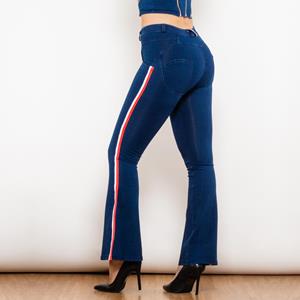 Shascullfites Melody Fashion White Red Side Stripe Flare Jeans Butt Lifting Female Casual Elasticity Dark Blue Denim Bell Pants