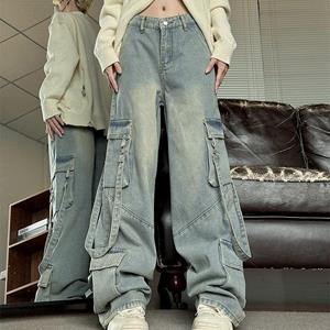 Rockulzzang Losse rechte lange jeansbroek met zijflapzak Lint Techwear Cargo Boyfriend blauwe denimbroek Dames y2k broekbroek