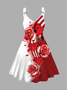 Dresslily Plus Size Valentine's Day Allover Red Rose Heart Print Dress V Neck O-Ring A Line Dress