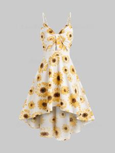 Dresslily Vacation Sunflower Print Sundress Spaghetti Strap Summer High Low A Line Dress