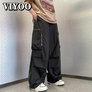 VIYOO Mannen Baggy Zwart Oversize Y2K Cargo Broek Japanse Streetwear Rechte Broek Harajuku Baggy Brede Broek Mannelijke Vintage Zak