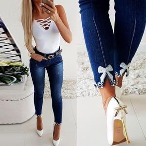 QW19MAC Casual slim-fit jeans voor dames, contrasterende skinny jeans met parelkant