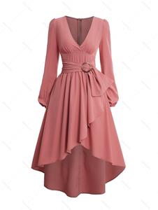 Dresslily Valentine's Day Women High Low Wrap Style Midi V Neck Solid Color Irregular Casual A Line Dress
