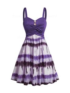Dresslily Tie Dye Print Dress Mock Button Crossover High Waisted Sleeveless A Line Mini Dress