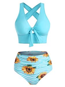 Dresslily Tummy Control Tankini Swimwear Sunflower Zig Zag Print Swimsuit Crisscross Cut Out Bowknot Tied Summer Beach Bathing Suit