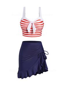 Dresslily Stripe Print Tankini Swimsuit Cinched Flounce Skorts Tankini Two Piece Swimwear Padded Bathing Suit