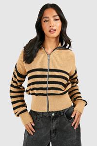 Boohoo Petite Stripe Zip Through Cardigan, Camel