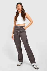 Boohoo Double Belted Straight Fit Cargo Pants, Steel