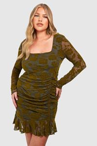 Boohoo Plus Devore Ruched Bodycon Dress, Khaki