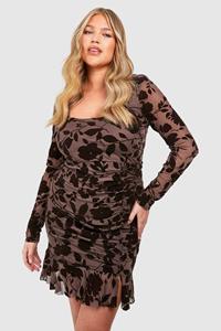 Boohoo Plus Devore Ruched Bodycon Dress, Chocolate