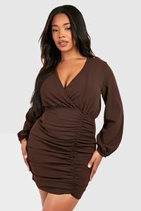 Boohoo Plus Wrap Ruched Bodycon Dress, Chocolate