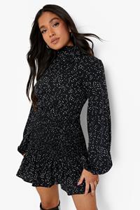 Boohoo Petite Geplooide Jurk Met Stippen , Hoge Hals En Ruches, Black