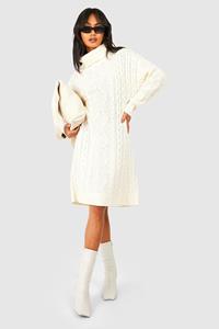 Boohoo Chunky Oversized Roll Neck Sweater Dress, Cream