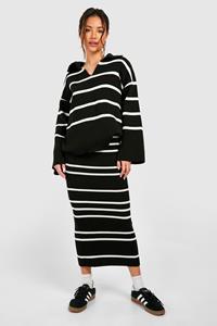 Boohoo Fine Gauge Stripe Collaed Sweater And Skirt Knitted Set, Black