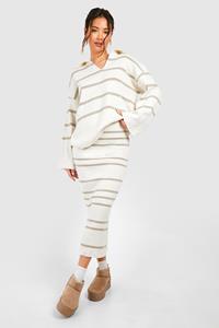 Boohoo Fine Gauge Stripe Collaed Sweater And Skirt Knitted Set, Stone