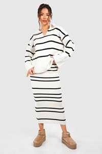 Boohoo Fine Gauge Stripe Collaed Sweater And Skirt Knitted Set, White