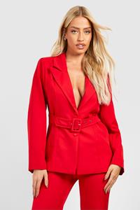 Boohoo Self Fabric Belted Fitted Blazer, Red