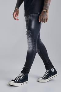 Boohoo Versleten Super Skinny Jeans Met Verfspetters, Washed Black