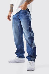 Boohoo Onbewerkte Baggy Jeans Met Patches En Zijpaneel, Mid Blue