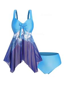 Dresslily Plus Size Tankini Swimsuit Flower Print Sheer Mesh Asymmetric Padded Modest Swimsuit High Waist Bathing Suit