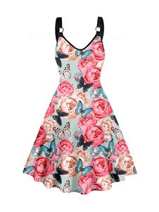 Dresslily Vacation Dress Colored Rose Butterfly Print Sleeveless V Neck O-ring Strap A Line Midi Dress