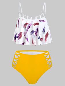 Dresslily Tummy Control Tankini Swimsuit Cut Out Feather Print Flounce Lattice Beach Swimwear
