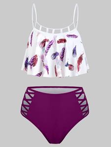 Dresslily Tummy Control Tankini Swimsuit Cut Out Feather Print Flounce Lattice Beach Swimwear