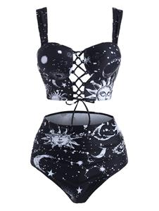 Dresslily Vintage Tankini Swimsuit Sun Moon Star Print Bathing Suit Lace Up Summer Beach Tummy Control Swimwear