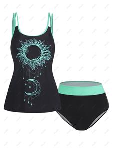 Dresslily Tummy Control Tankini Swimsuit Two Tone Color Sun Moon Print Padded Swimwear Modest Bathing Suit