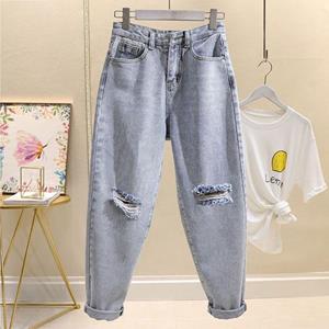 JunChengMY Herfstmode geperforeerde jeans Dames hoge taille rechte losse veelzijdige broek
