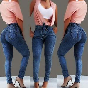 Surwenyue Vrouwen Jeans Skinny Elastische Denim Jeans Casual Mode Kwastje Riem Hoge Taille Gebleekte Potlood Broek S-5XL Lange Broek 30208