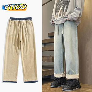 VIYOO Plus Fluwelen heren Winter Y2K Dikke Jeans Denim Broek Trekkoord Vintage Jeans Voor Mannen Streetwear Harajuku Koreaanse Winterkleding