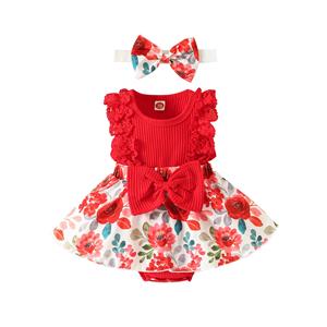 Young&Beautiful1 Patchwork jumpsuit voor baby's, meisjes, bloemenprint, kant, mouwloos, ronde hals, strik aan de voorkant en hoofdband