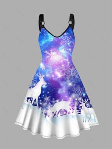 Dresslily Plus Size Christmas Midi Dress Galaxy Snow Elk Snowflake 3D Print V Neck A Line Dress