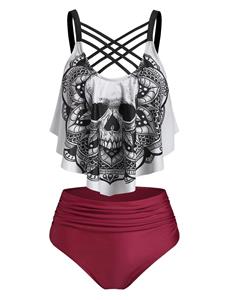 Dresslily Tummy Control Tankini Swimwear Gothic Swimsuit Skull Flower Print Crisscross Summer Beach Bathing Suit