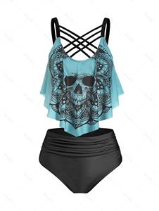 Dresslily Tummy Control Tankini Swimwear Gothic Swimsuit Skull Flower Print Crisscross Summer Beach Bathing Suit