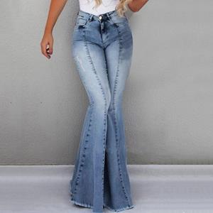 Mei hua Damesmode Slanke jeans met hoge taille, knoopbroek, broek met bell-bottom broek