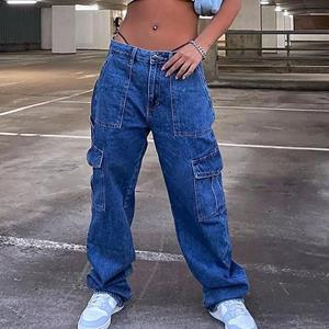 Surwenyue 2023 Mode Donkerblauw High Street Losse Denim Jeans Voor Vrouwen Casual Mid-Taille Effen Cargo Broek Herfst Dames jeans 30203