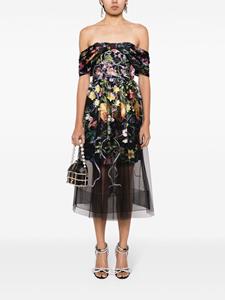 Marchesa Notte Ribbons floral-embroidered midi dress - Zwart