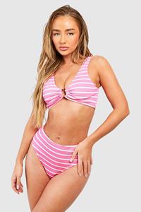 Boohoo Stripe Crinkle O-Ring Bikini Set, Pink