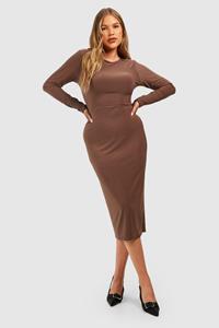 Boohoo Plus Strakke Midi Jurk Met Lange Mouwen, Mocha