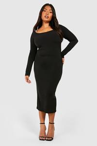 Boohoo Plus Strakke Midaxi Jurk Met Lage Ronde Hals, Black