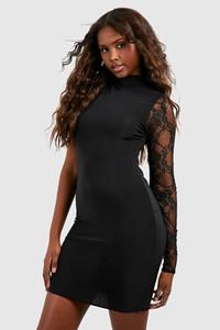 Boohoo One Shoulder Lace Mini Dress, Black