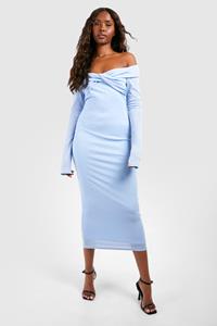 Boohoo Twist Detail Bardot Sheer Mesh Midaxi Dress, Slate Blue