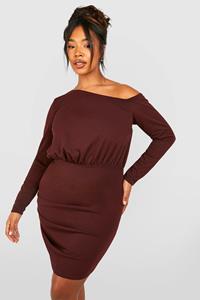 Boohoo Plus Ruched Off Shoulder Bodycon Dress, Chocolate