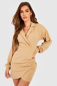 Boohoo Crêpe Wikkel Blouse Jurk Met Volle Mouwen, Camel