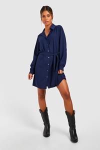 Boohoo Platgeslagen Blouse Jurk Met Ceintuur, Navy